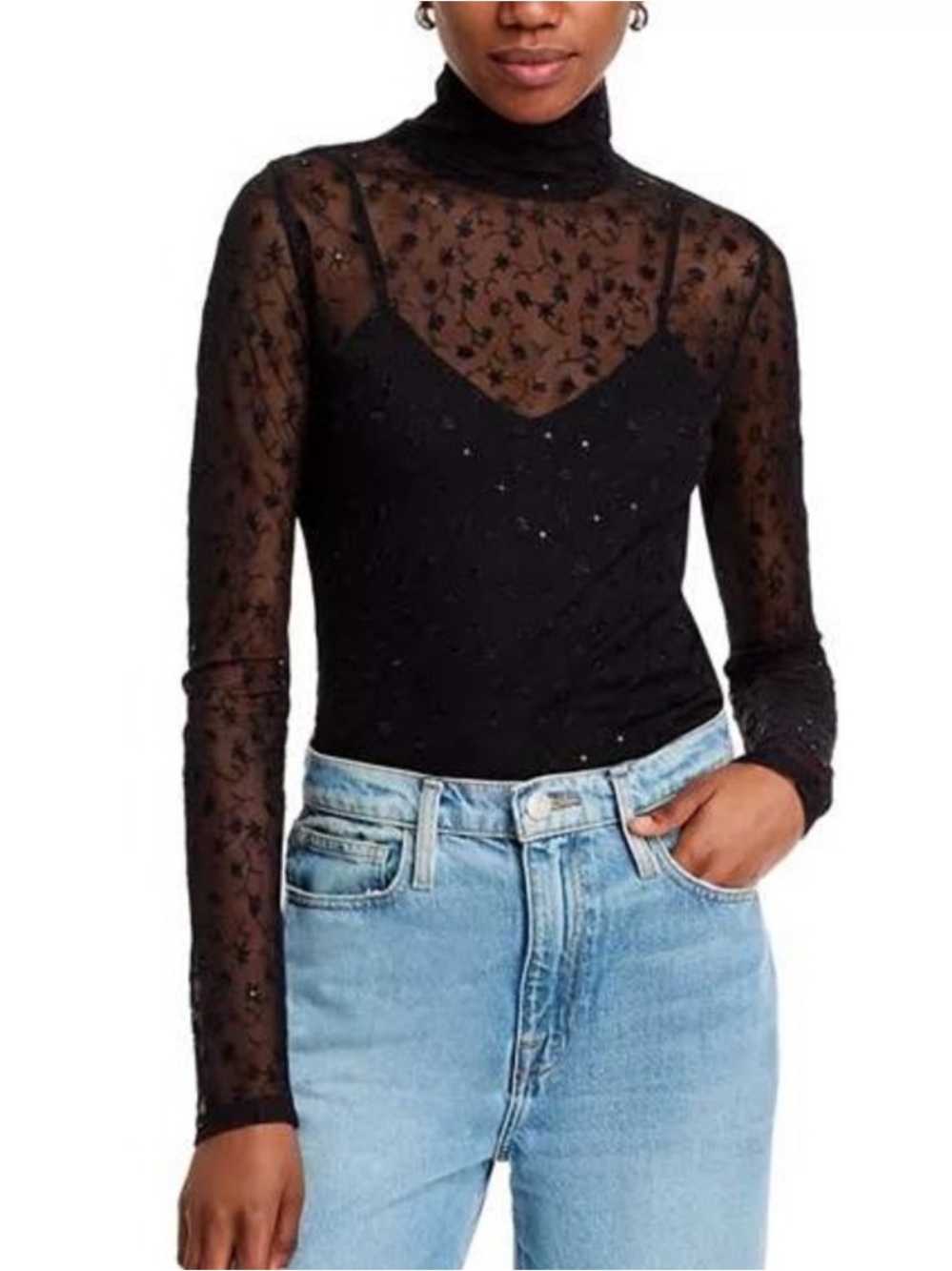 Rag & Bone Dahlia Black Turtleneck Sequins sheer long sleeve blouse Small NWT